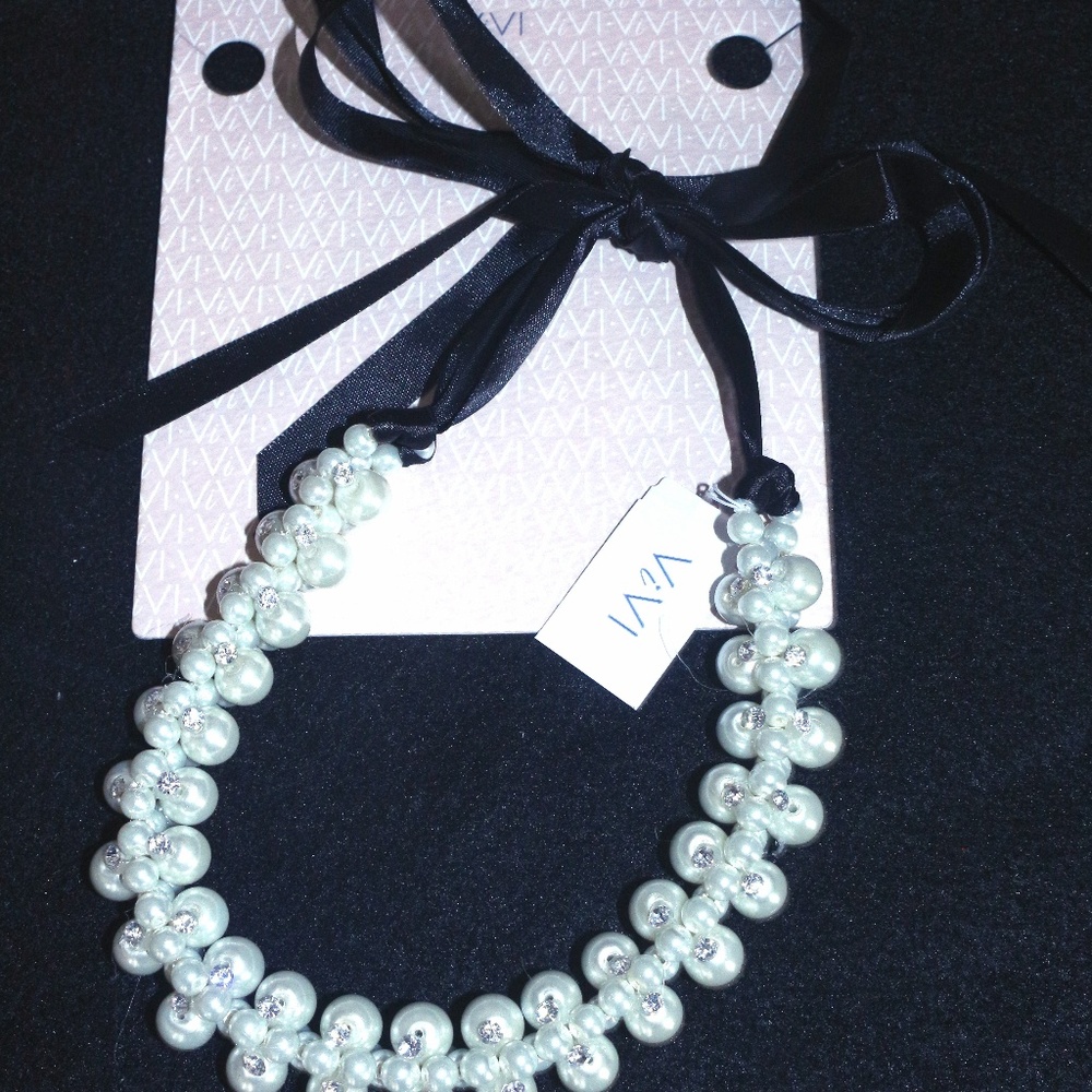 Faux Pearl Bling  Ribbon Tie  Necklace 16"